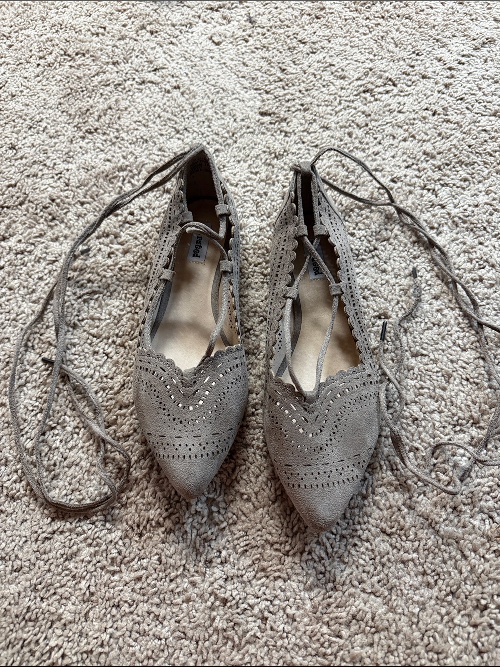 Not Rated Taupe Scalloped Lace-Up Pointed Flats